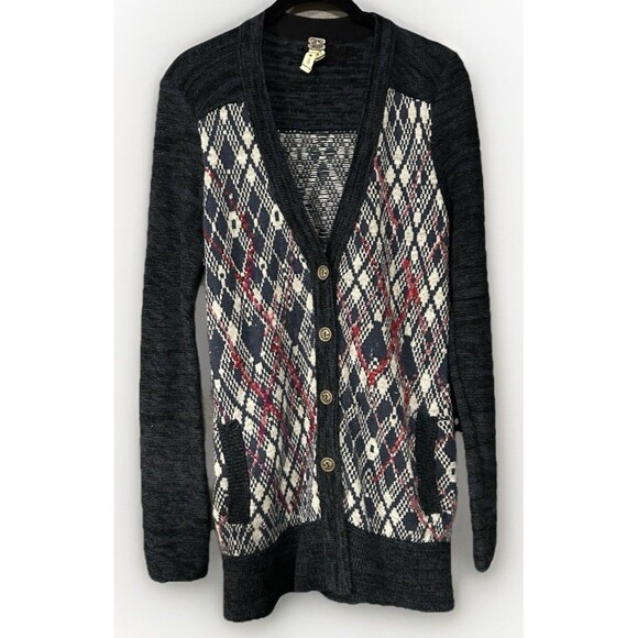 We The Free People Foxtrot Argyle Blue White Red Cardigan Sz S - Picture 1 of 8